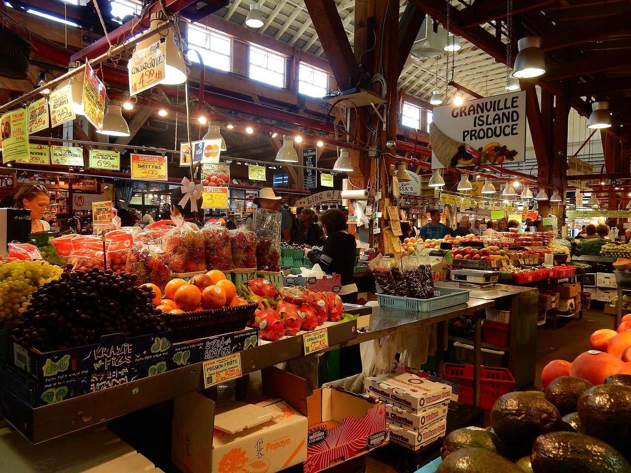 Produce stalls inside Granville Island Public Market