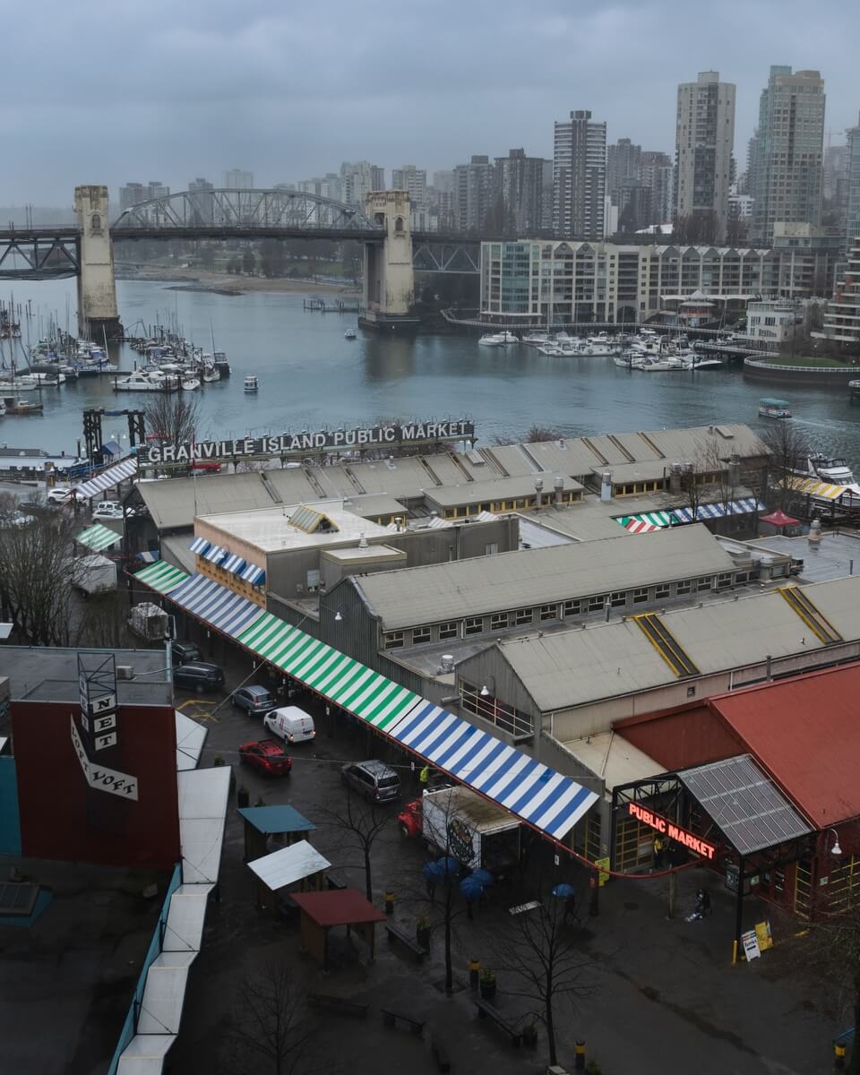 Aerial view of the Granville Island Public Market on False Creek