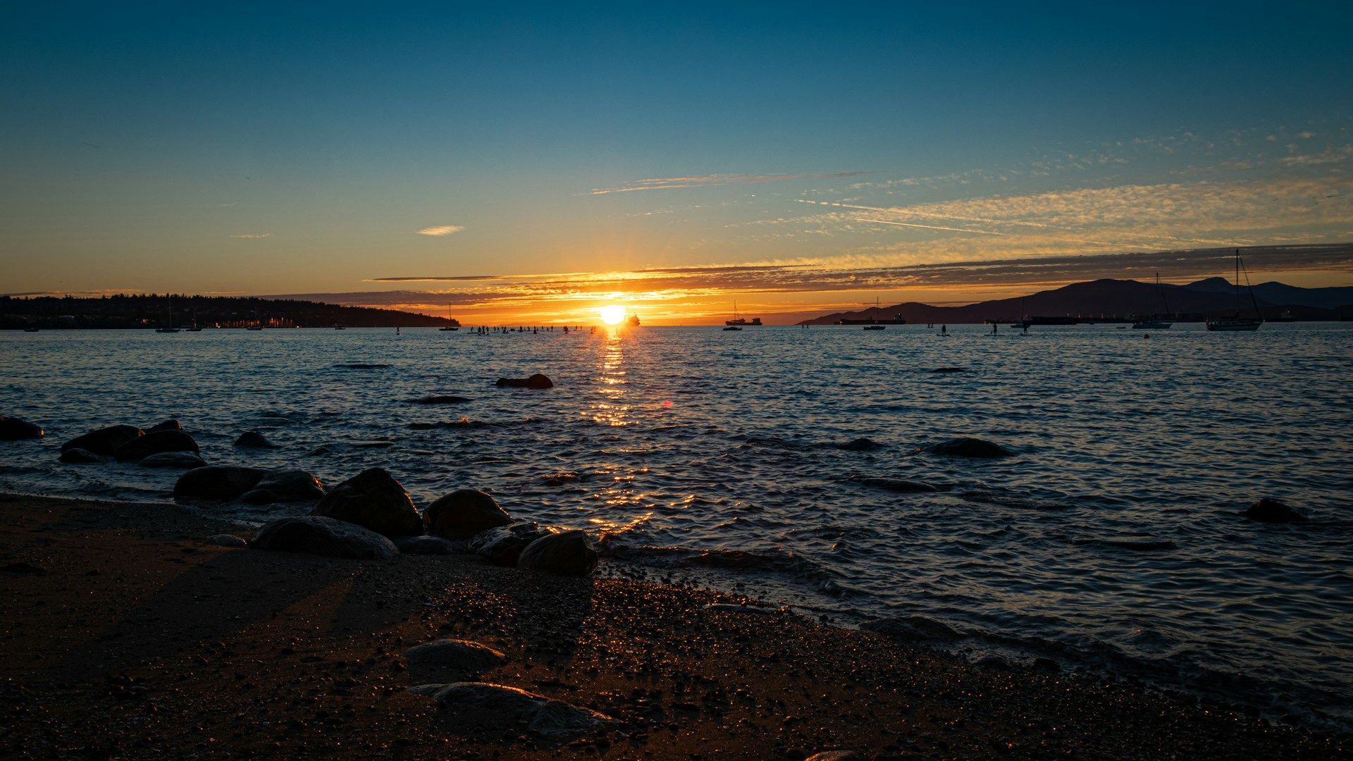 Kitsilano Beach with paddleboarders in the water