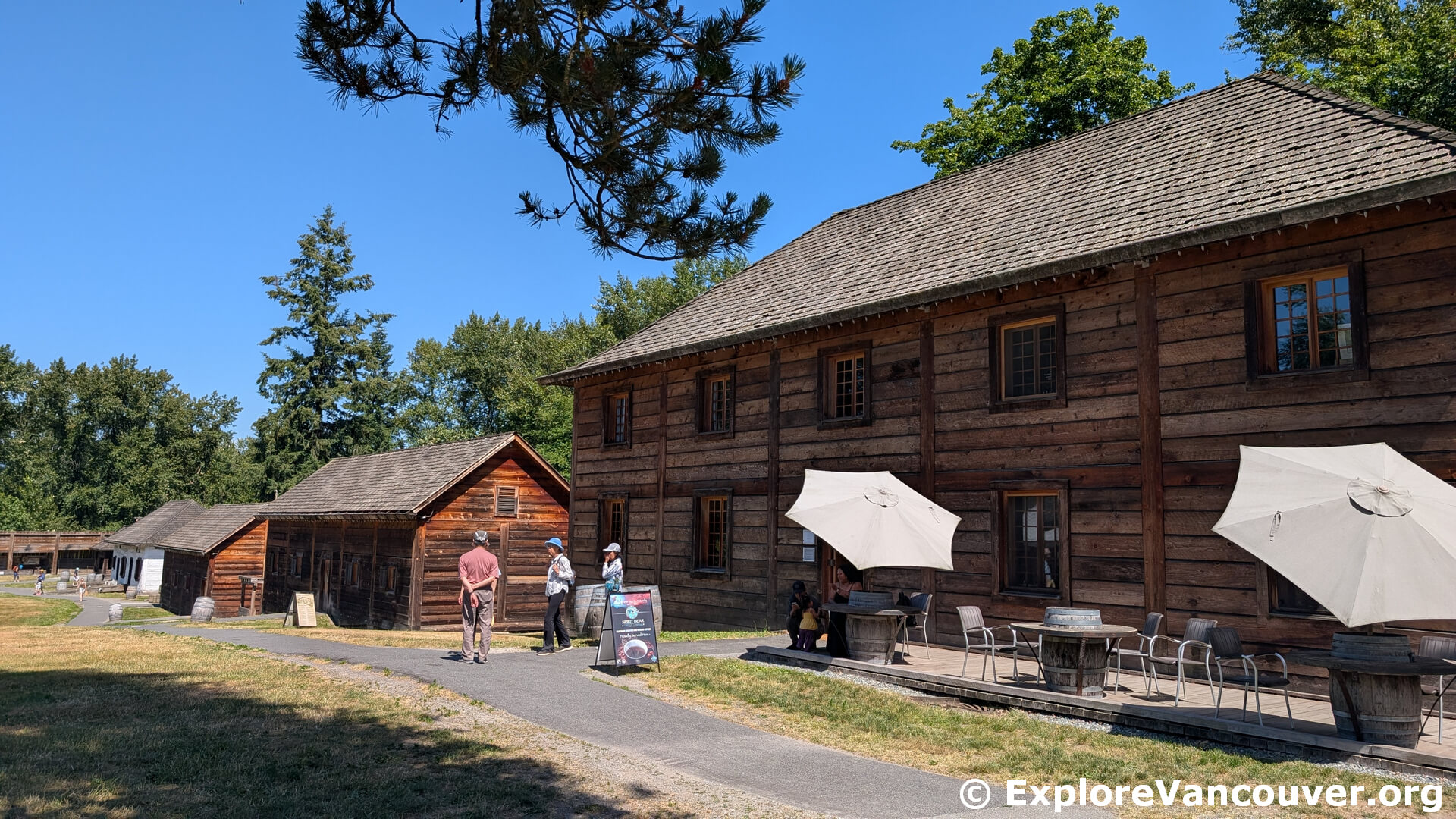 Wide view of the reconstructed buildings inside Fort Langley National Historic Site