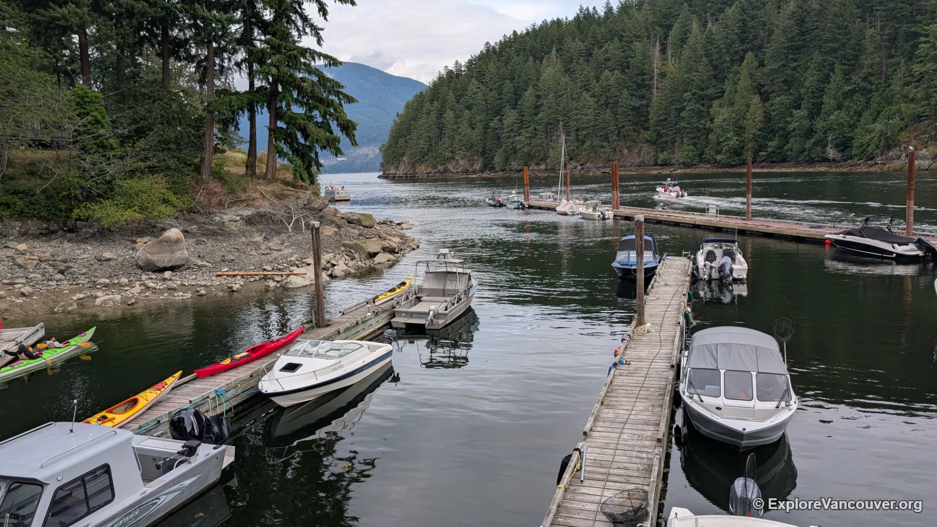Boats moored at Bowen Island Marina in Snug Cove