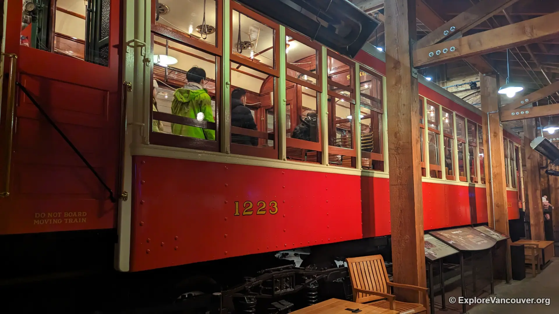 Restored interurban tram car on display at Burnaby Village Museum