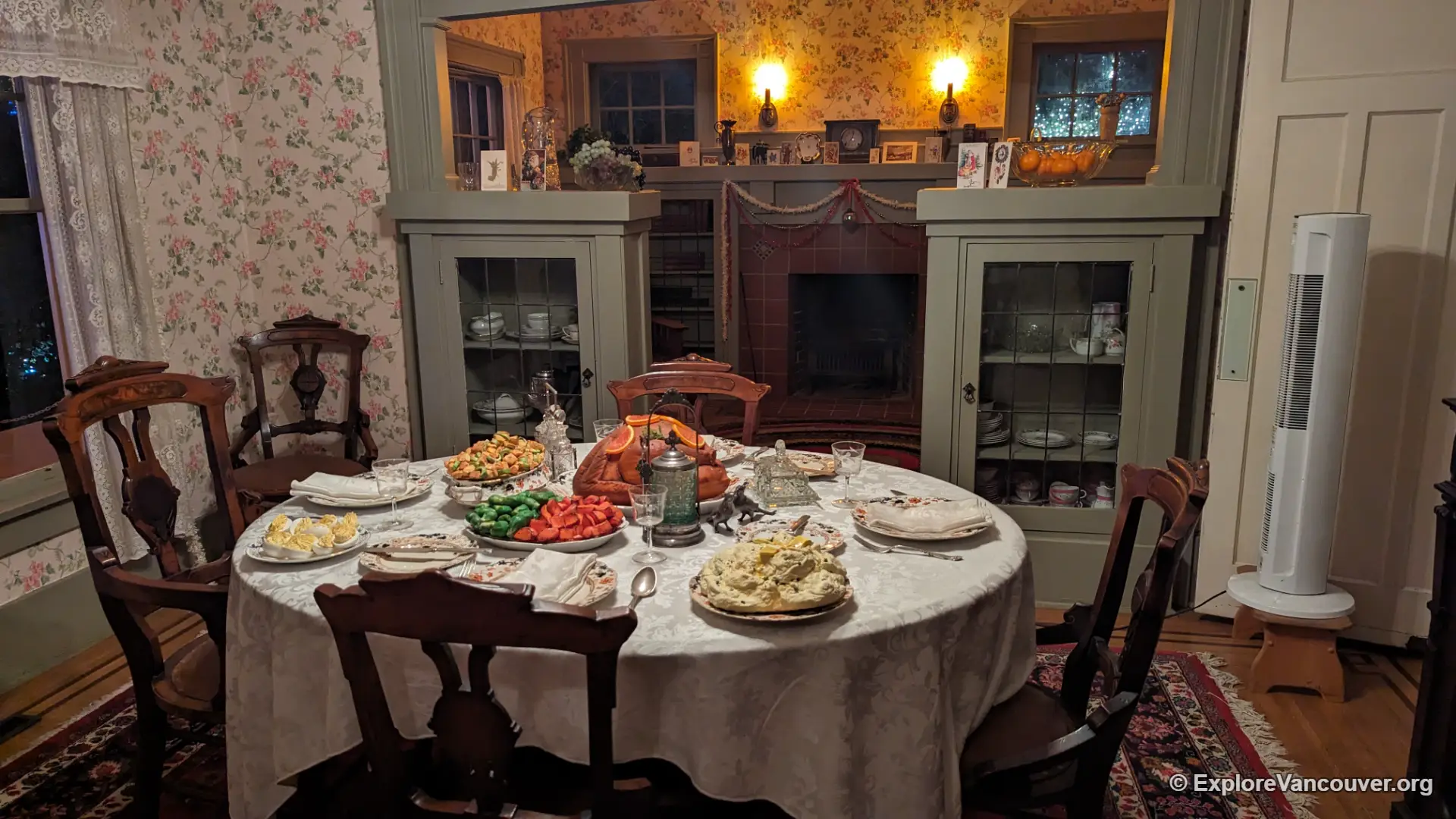 Furnished dining room inside a heritage house display at Burnaby Village Museum