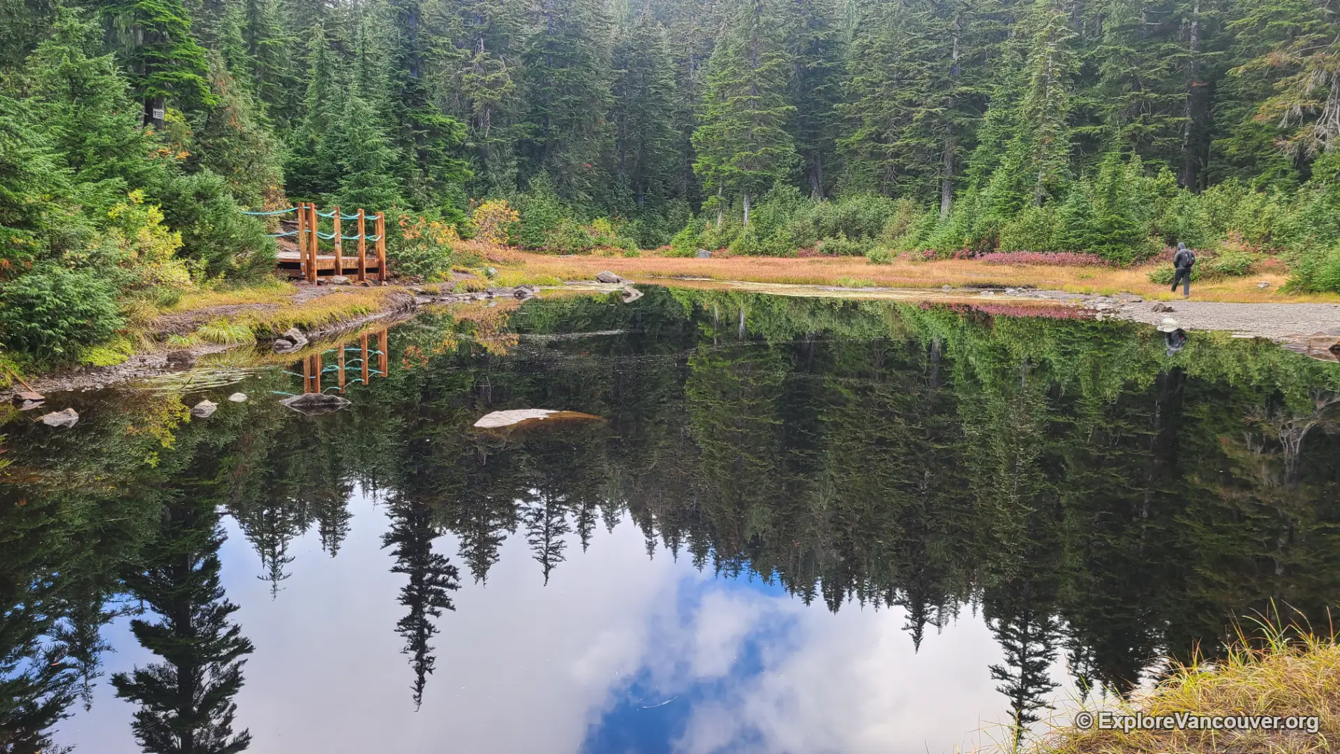 First Lake reflecting the surrounding trees along the Dog Mountain trail