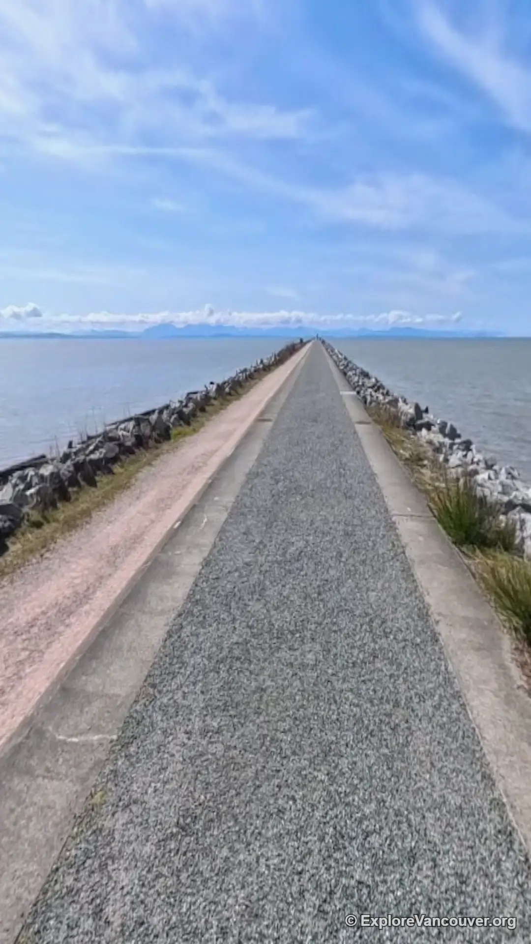 Long straight gravel path along the Iona Beach jetty trail