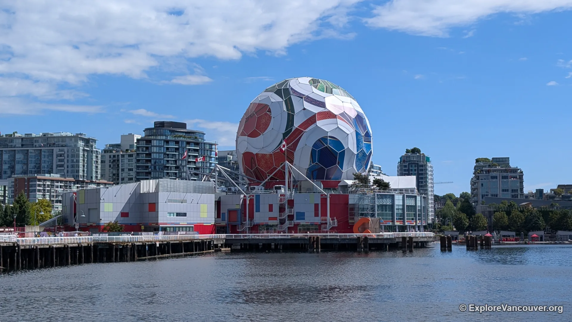 Science World's dome decorated with a soccer ball design for the FIFA World Cup 2026