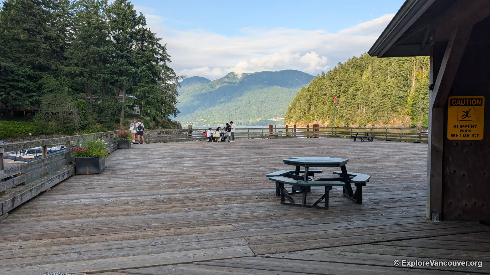 Wooden boardwalk next to the ferry terminal in Snug Cove