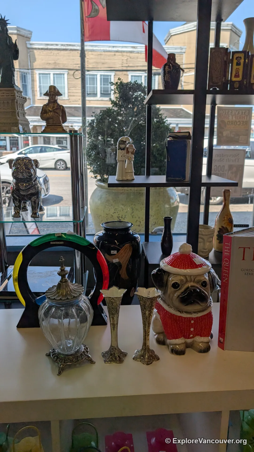 Glassware on display inside a Steveston Village thrift store