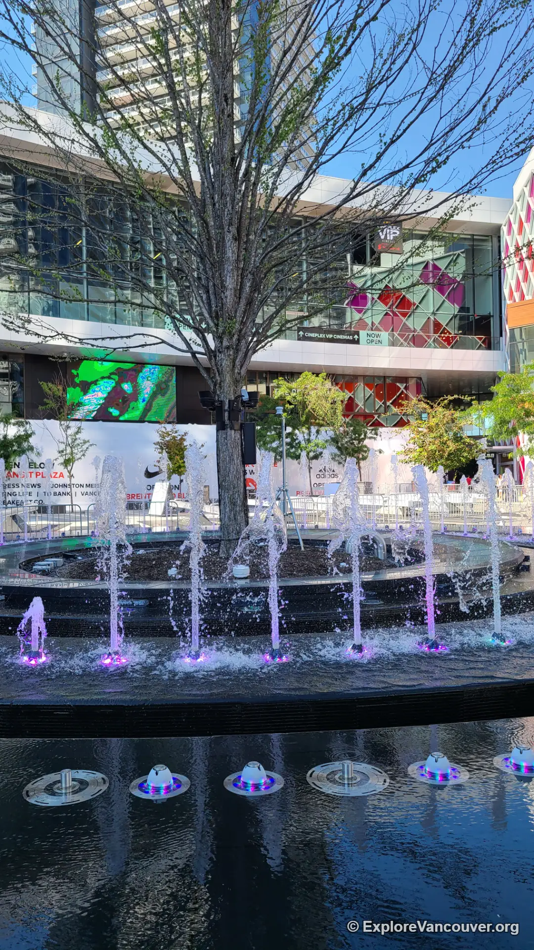Vertical view of the plaza fountain at Amazing Brentwood