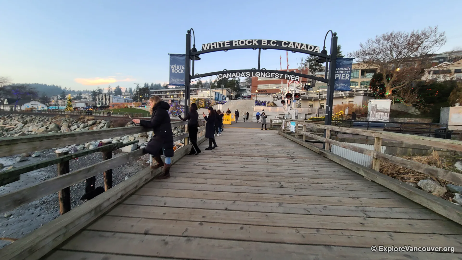 White Rock Pier stretching over the water toward the White Rock waterfront