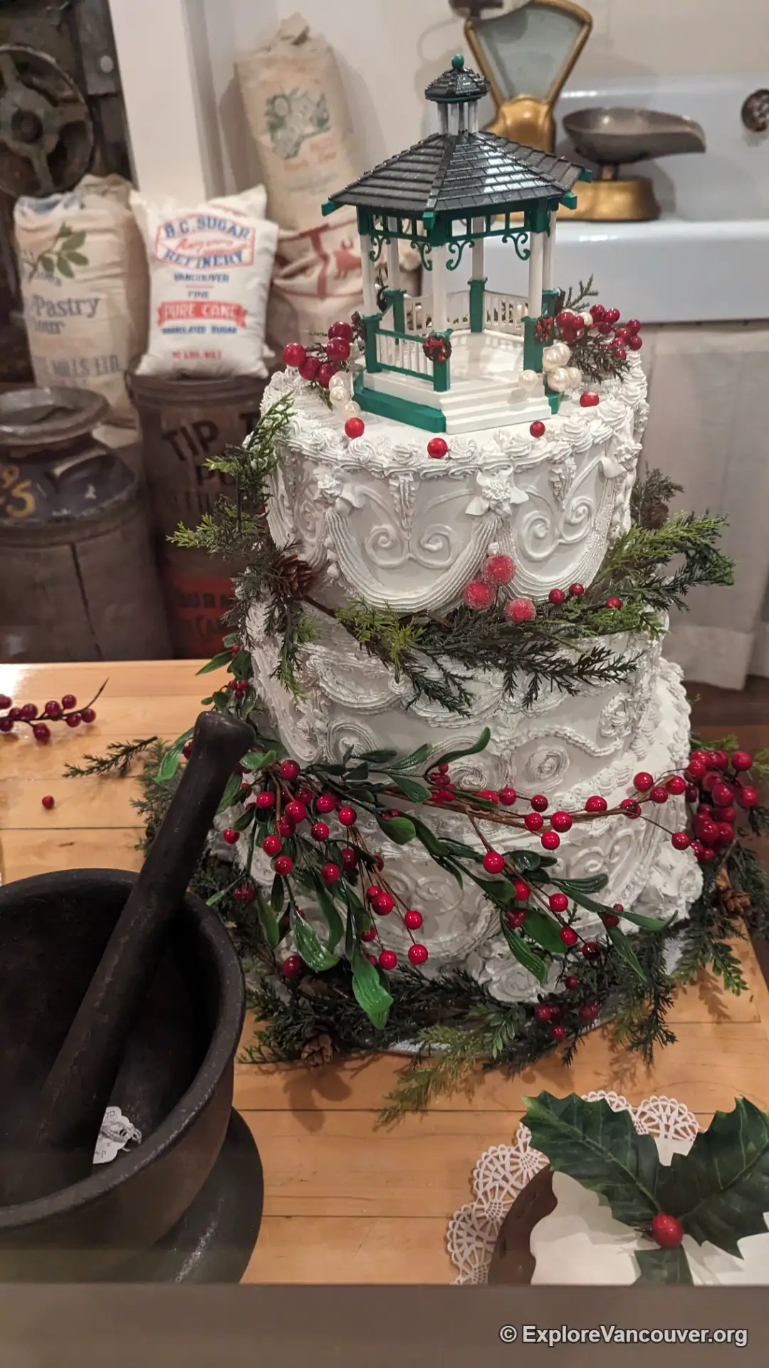 Display of cake at the heritage cake store inside Burnaby Village Museum