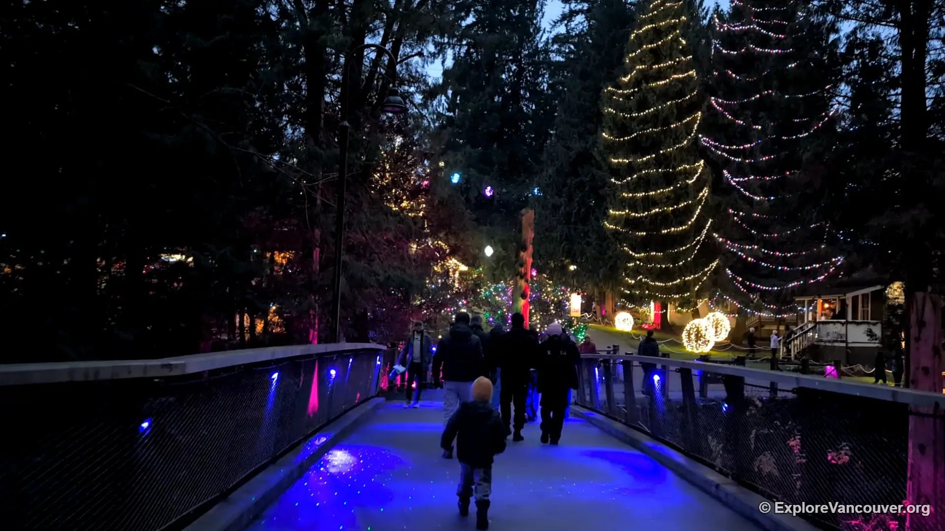 Christmas lights over the entrance bridge at Burnaby Village Museum during Festive Village