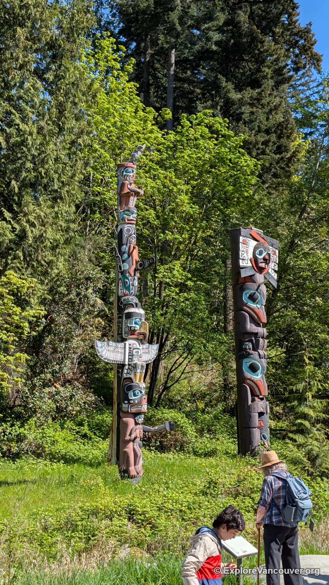 Close-up carving detail on a totem pole at Brockton Point