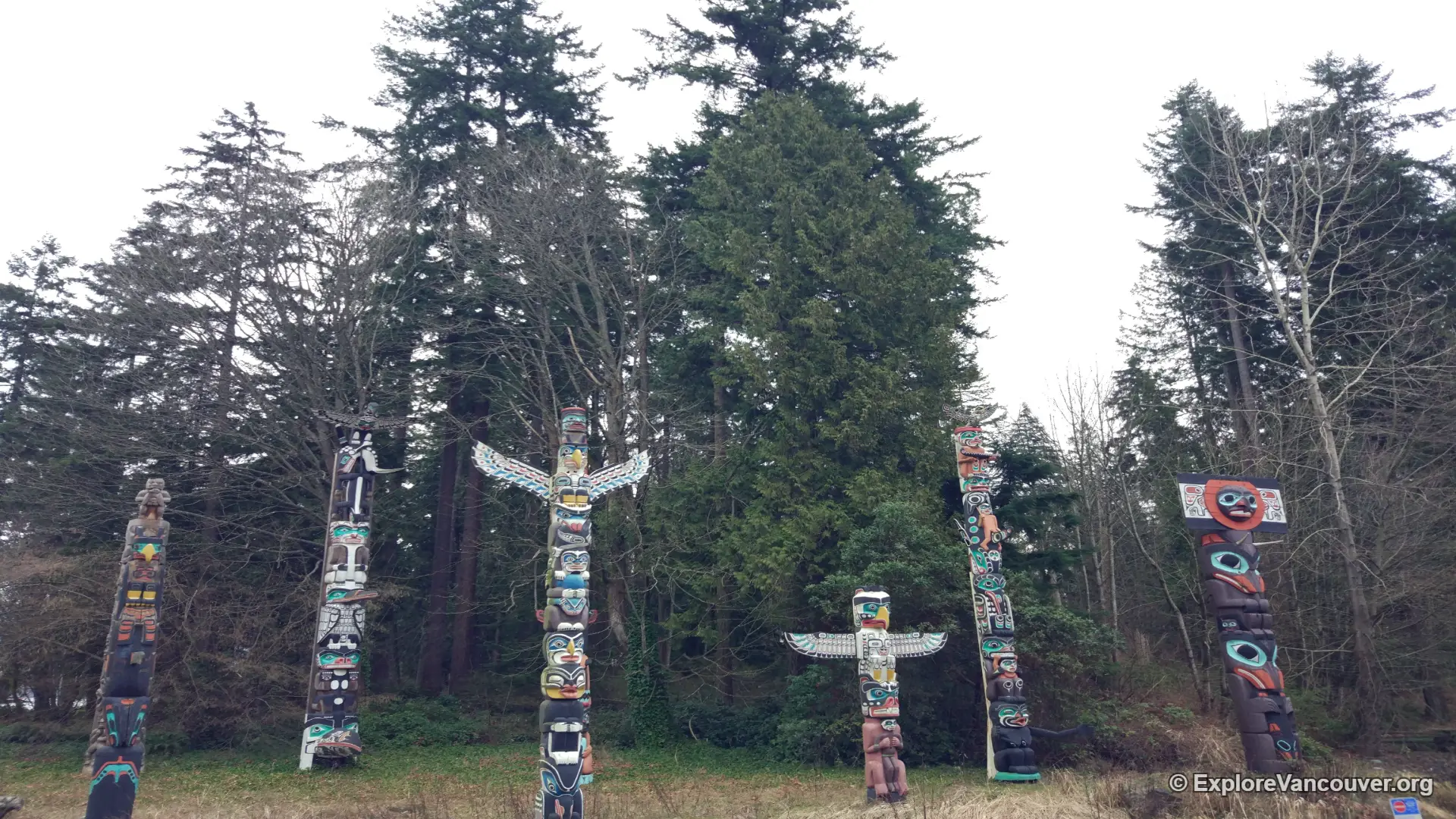 Totem poles at Stanley Park on a quiet winter day