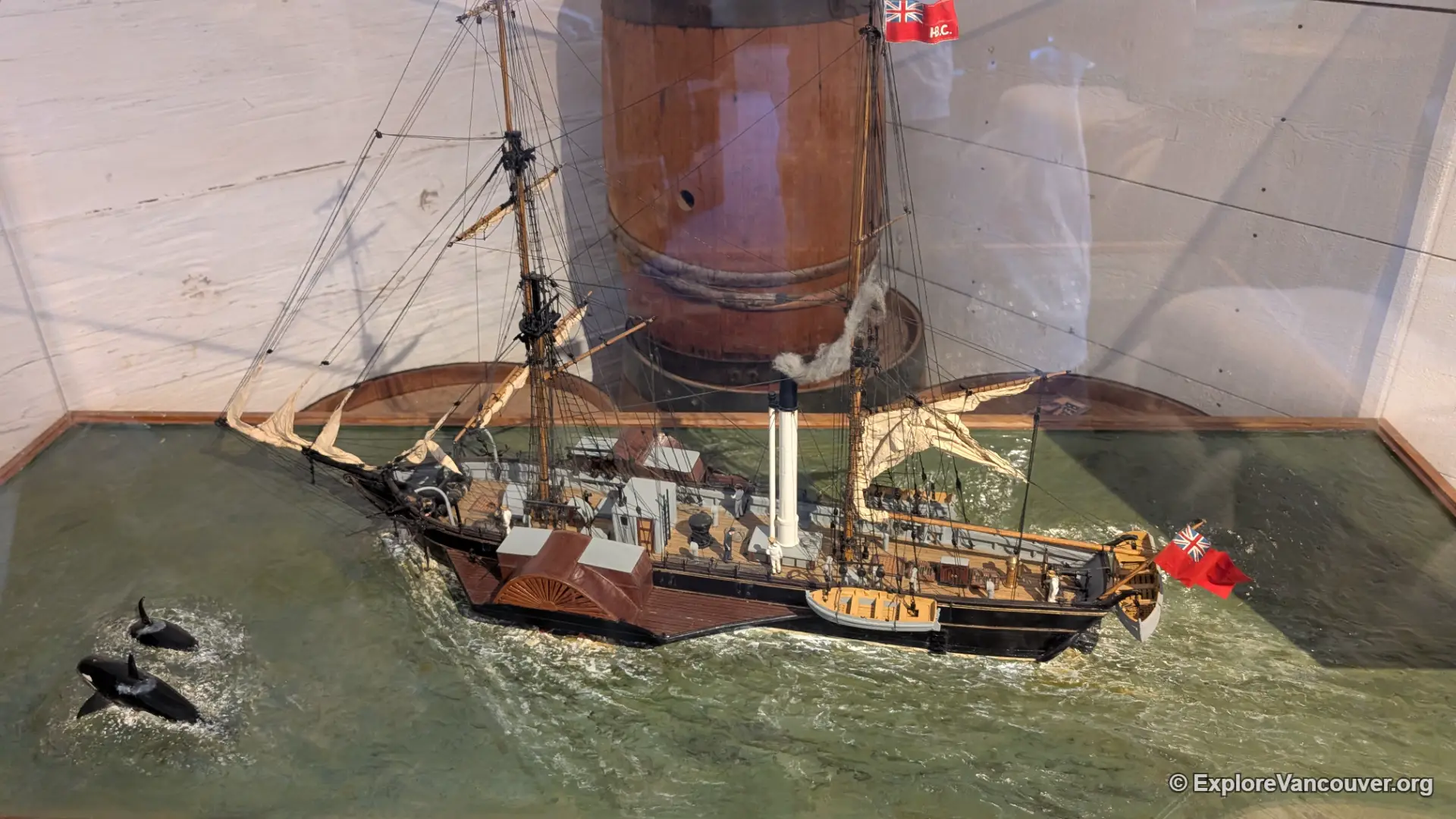 Model ship display representing the fur trade era at Fort Langley