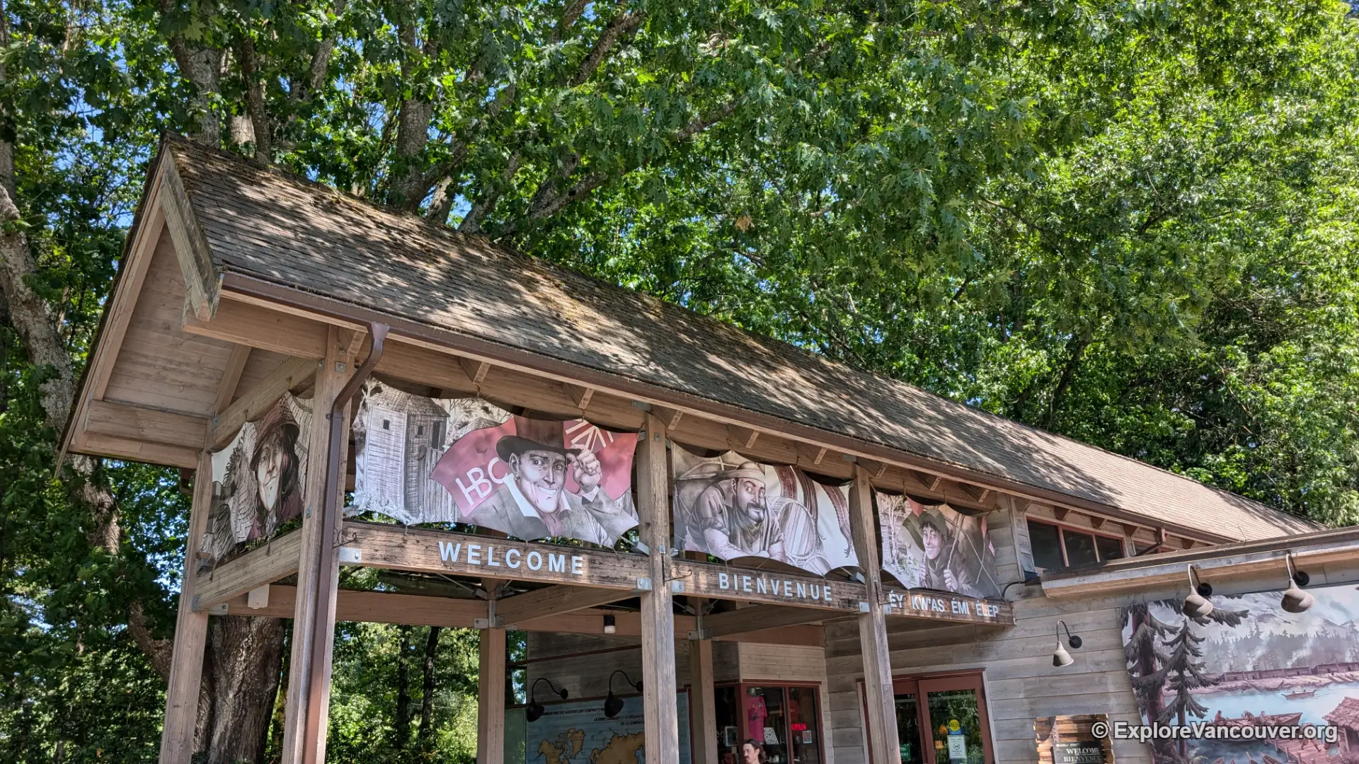 Entrance to Fort Langley National Historic Site with timber palisade walls
