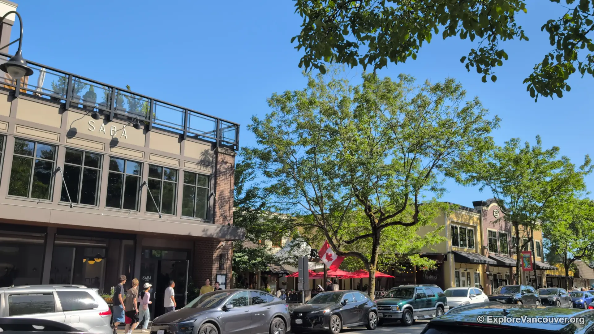 Pedestrians outside shops in Fort Langley Village