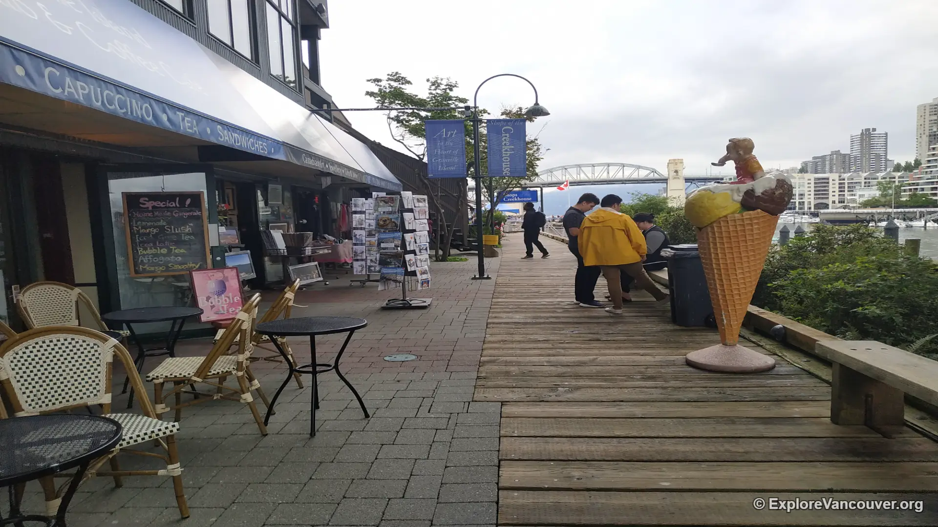 Granville Island cafe and boardwalk beside the Public Market
