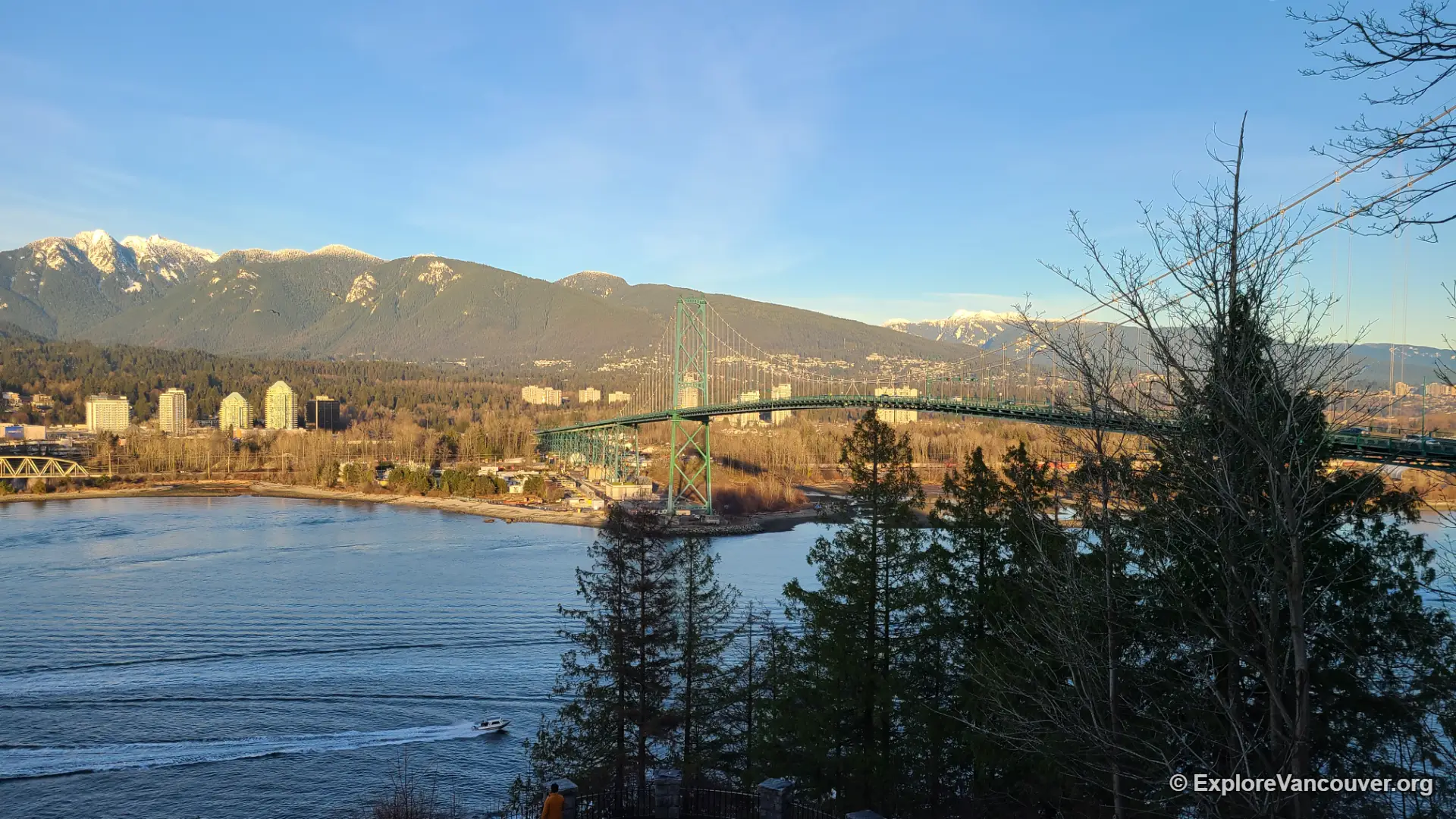 Wide view of the Lions Gate Bridge towers and roadway