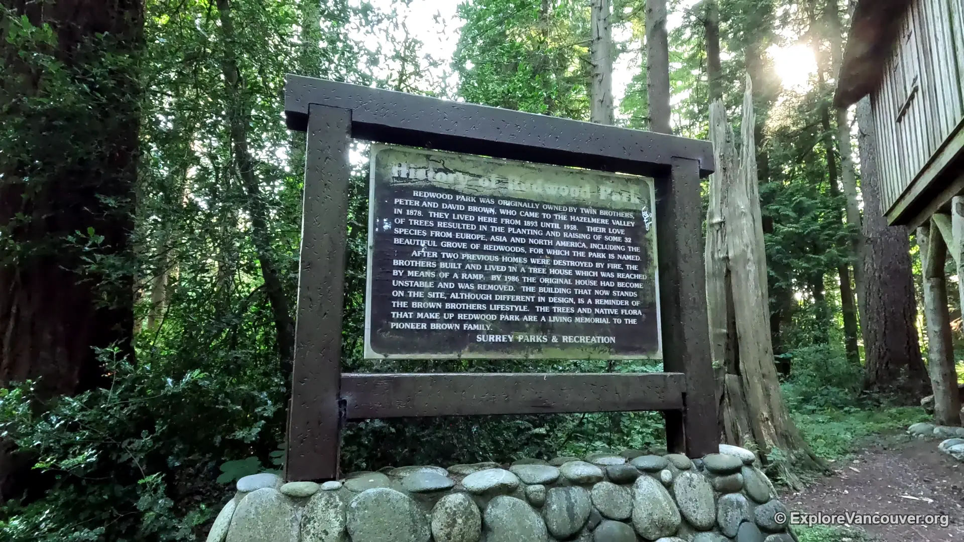 Historical information signboard at Redwood Park in Surrey