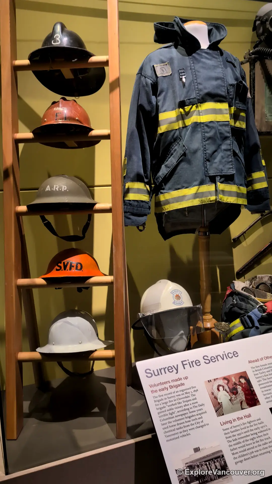 Historic firefighter uniform and hat at the Museum of Surrey