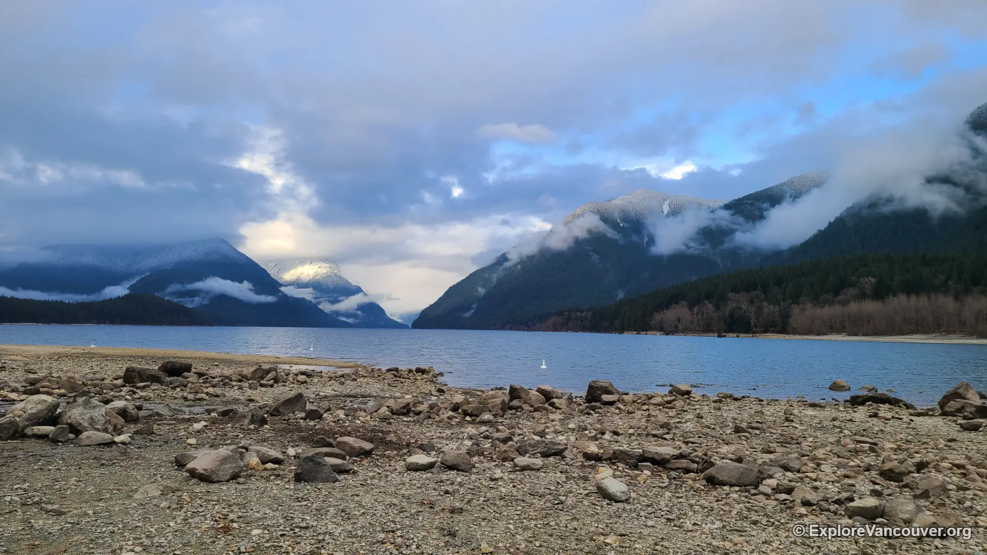 Alouette Lake shoreline covered in snow during winter