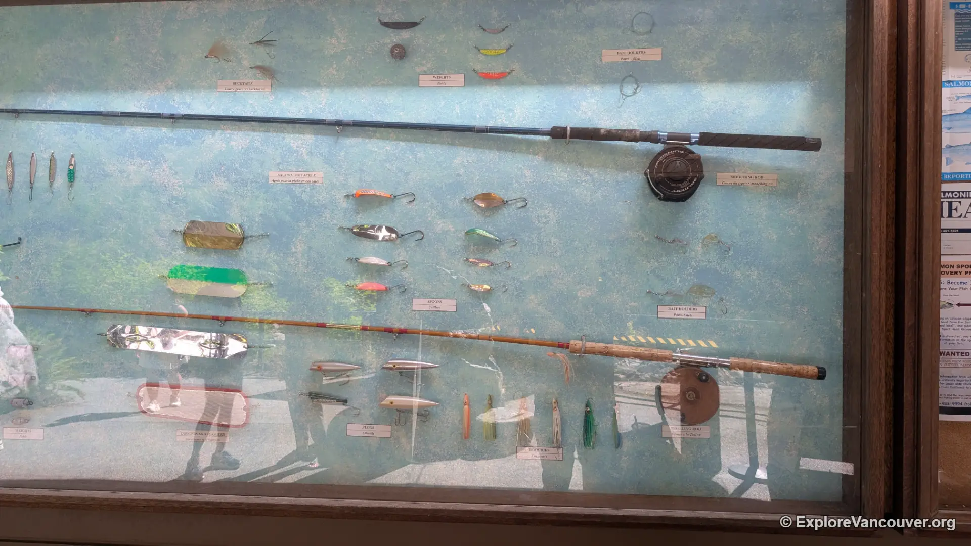 Display of vintage fishing rods and lures inside the hatchery