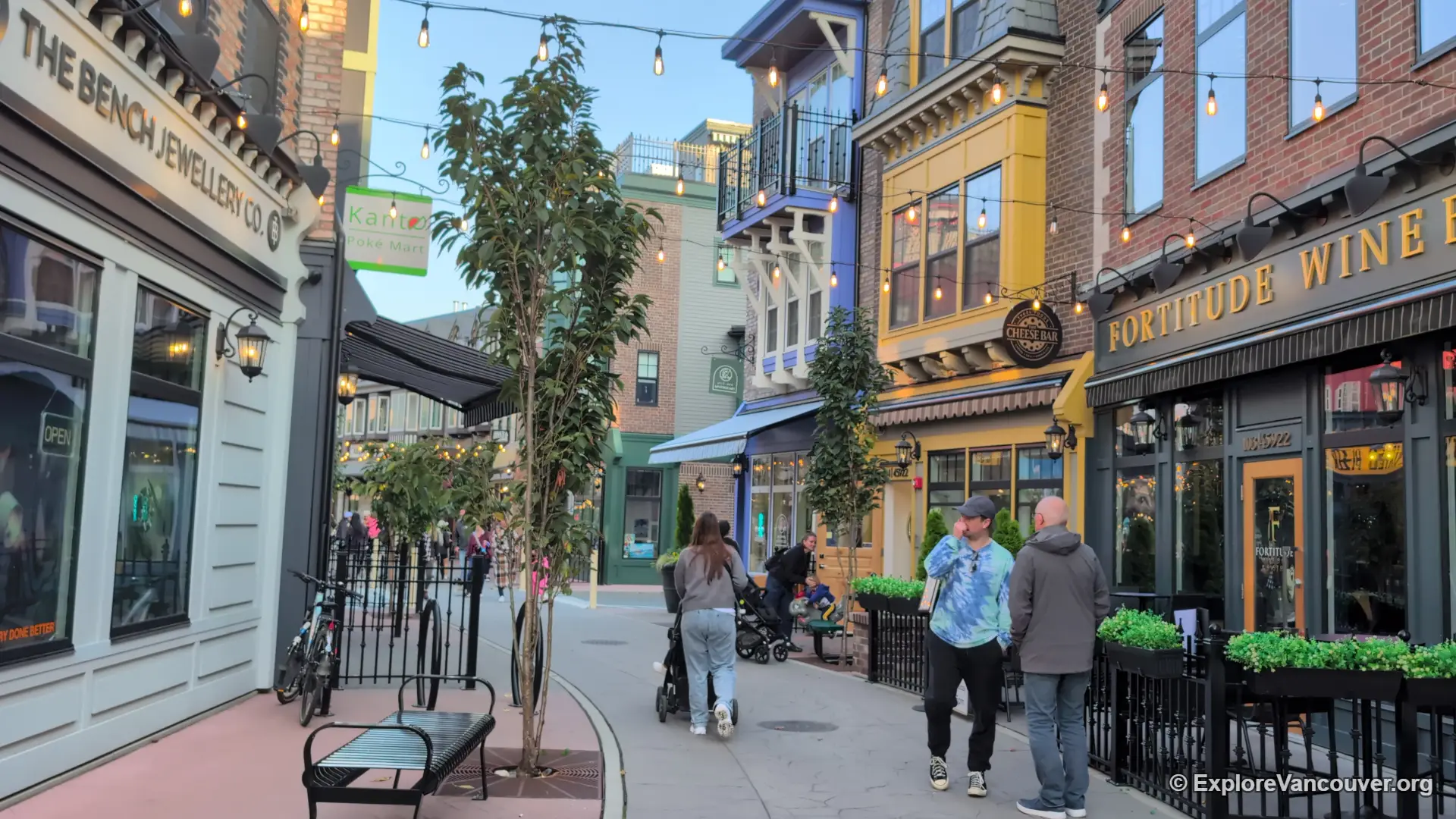 Pedestrian lane lined with shops at District 1881 in downtown Chilliwack
