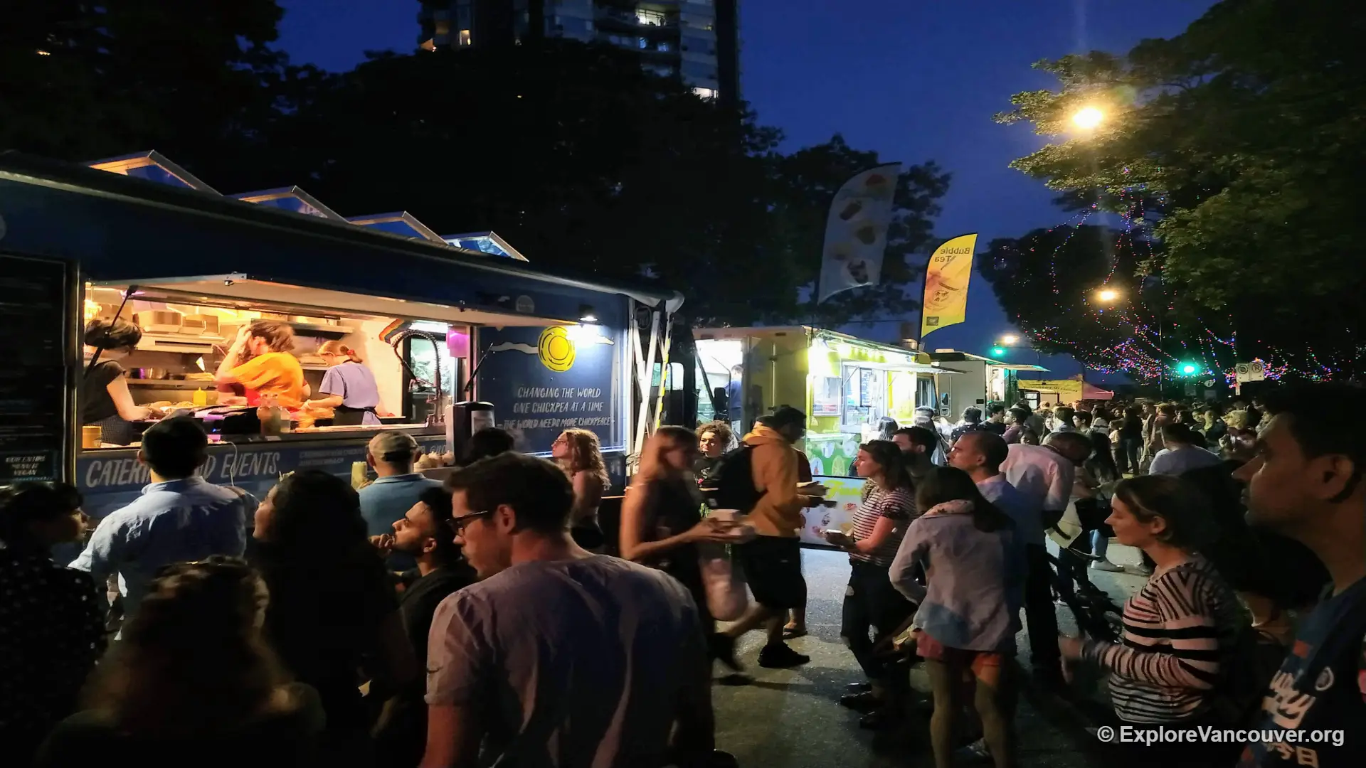 Food trucks at English Bay Beach at night