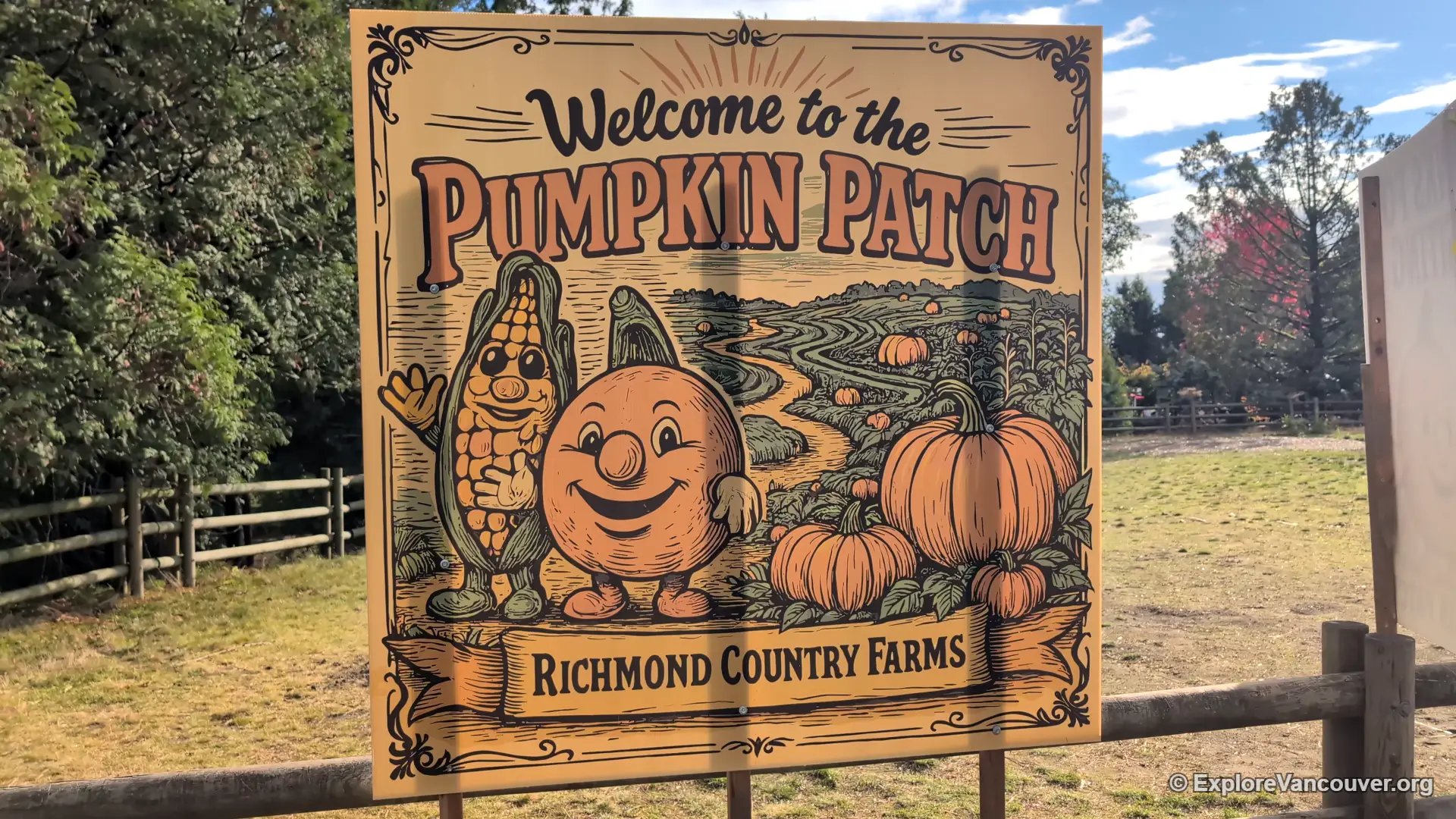 Entrance welcome sign at the Richmond Country Farms pumpkin patch