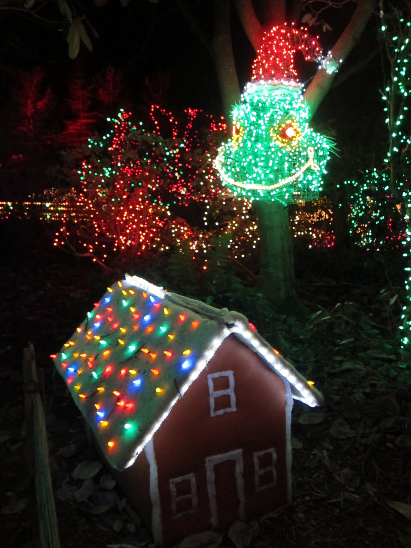 Vertical view of illuminated displays at the Festival of Lights in VanDusen Botanical Garden