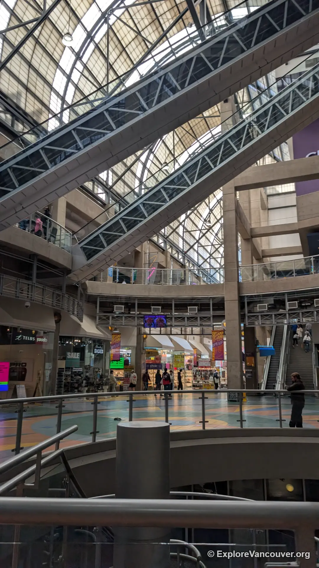 Inside International Village Mall in Vancouver, upper level view